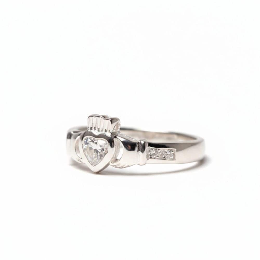 April – Sterling Silver Birthstone Claddagh Ring – White CZ - Irish Gifts
