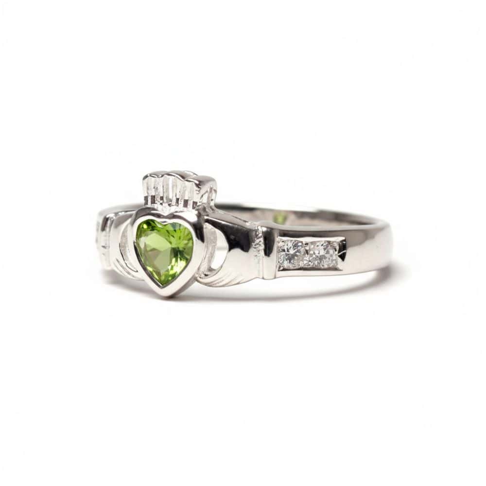 August – Sterling Silver Birthstone Claddagh Ring – Peridot CZ - Irish Gifts