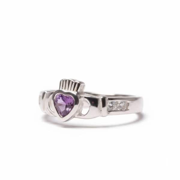 Sterling Silver February Birthstone Claddagh Ring – Amethyst CZ - Irish Gifts