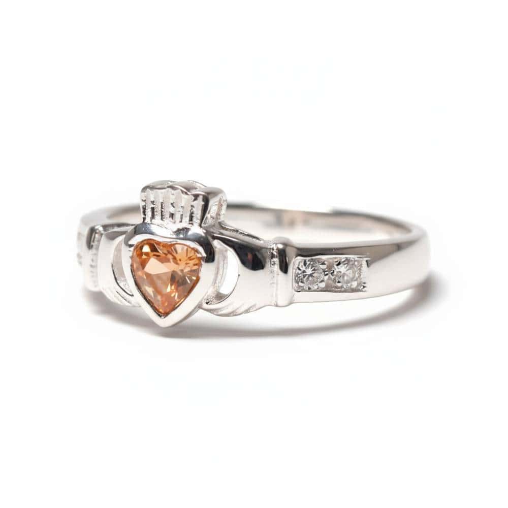 November – Sterling Silver Birthstone Claddagh Ring – Topaz CZ - Irish Gifts