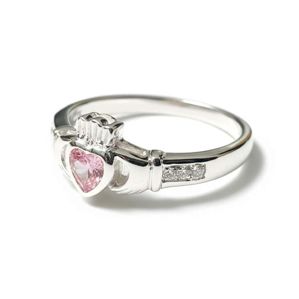 October – Sterling Silver Birthstone Claddagh Ring – Rose CZ - Irish Gifts