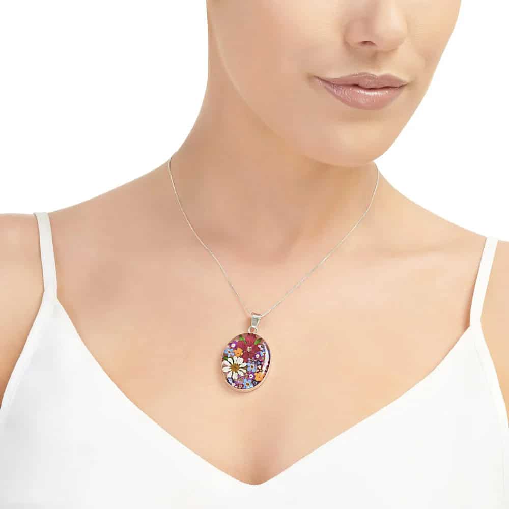 Shrieking Violet Mixed Flowers Large Oval Pendant in Silver - Irish Gifts - Image 1