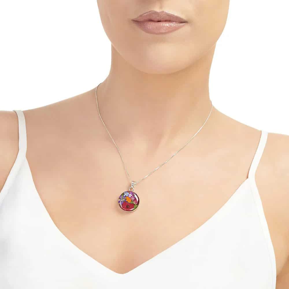 Shrieking Violet Mixed Flowers Round Pendant – Real Flowers in Silver - Irish Gifts - Image 1