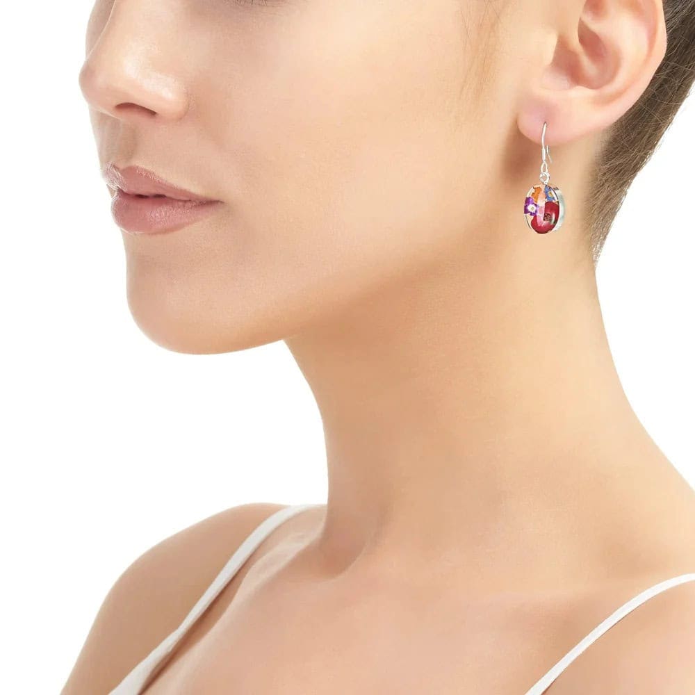 Mixed Flowers Silver Drop Earrings - Oval Design - Real Flowers - Irish Gifts - Image 1