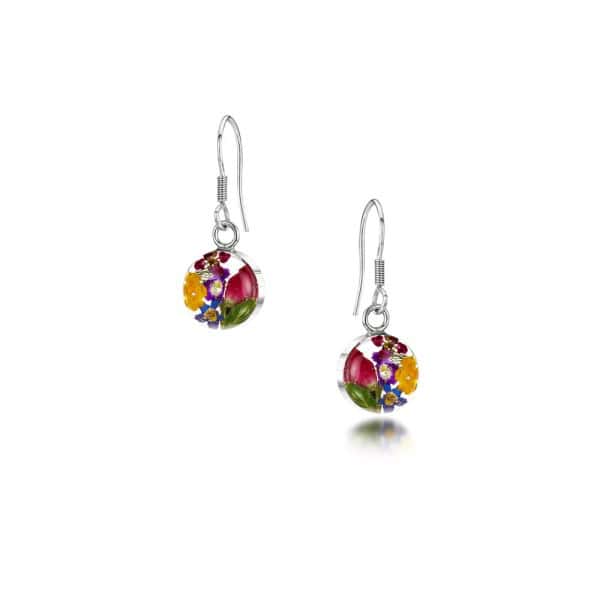 Mixed Flowers Silver Drop Earrings - Small Circle Design - Real Flowers - Irish Gifts