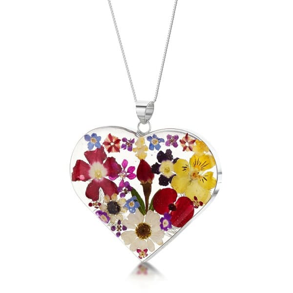 Mixed Flowers Silver Pendant - Large Heart - Real Flower - Irish Gifts