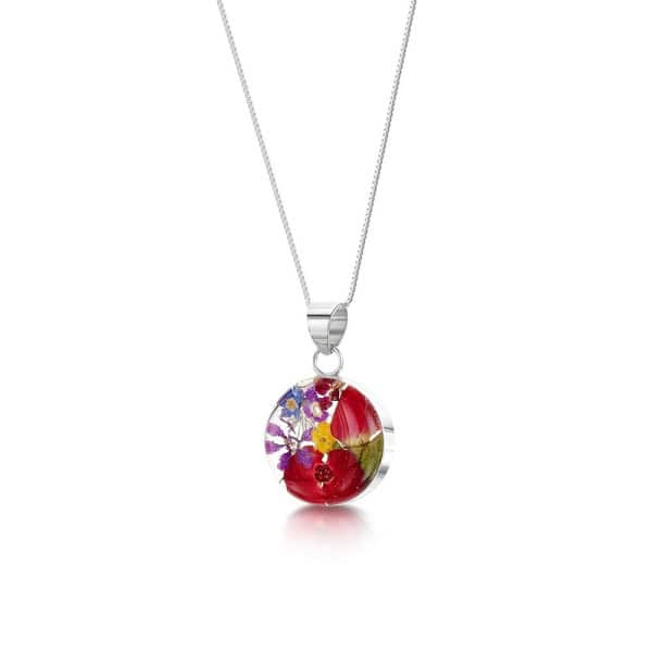 Mixed Flowers Silver Pendant - Medium Round Design - Real Flowers - Irish Gifts