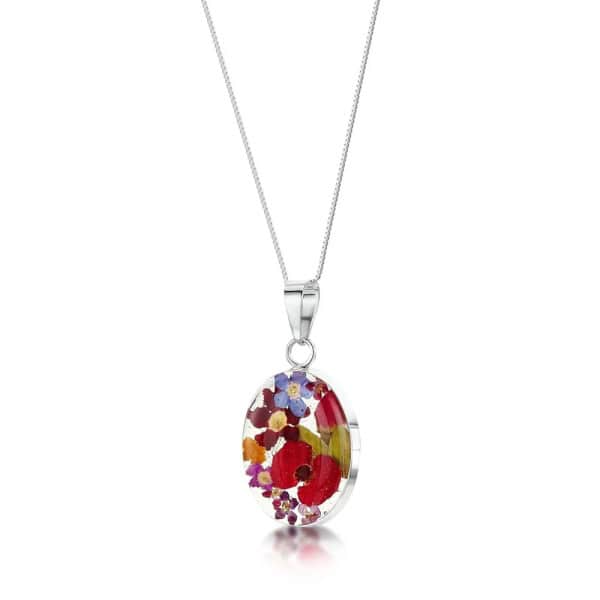 Mixed Flowers Silver Pendant - Medium Oval - Real Flower - Irish Gifts