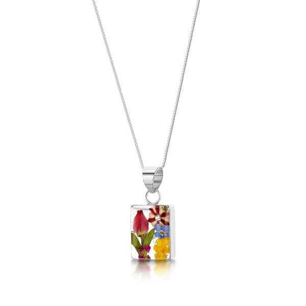 Mixed Flowers Silver Pendant - Rectangle - Real Flower - Irish Gifts