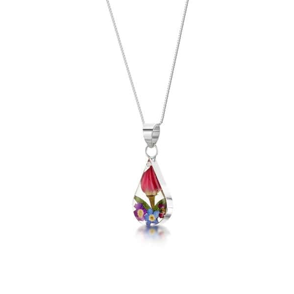 Mixed Flowers Silver Pendant - Teardrop - Real Flower - Irish Gifts