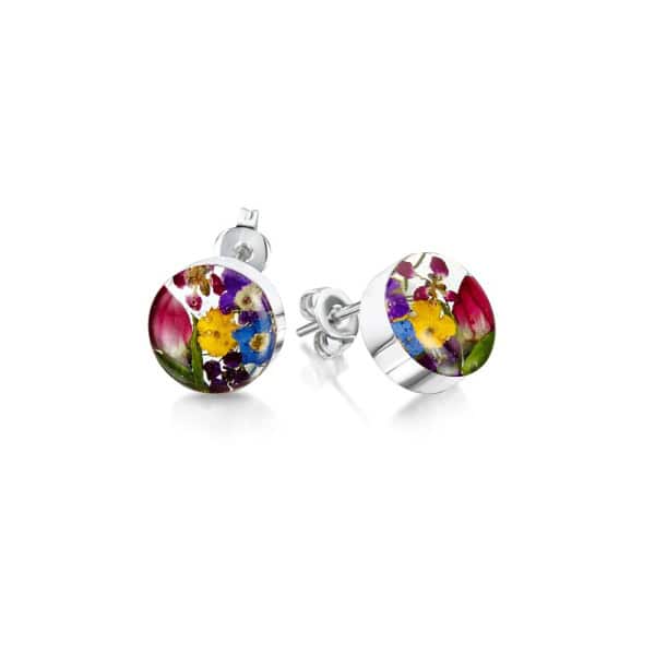 Mixed Flowers Silver Stud Earrings - Small Circles - Real Flowers - Irish Gifts