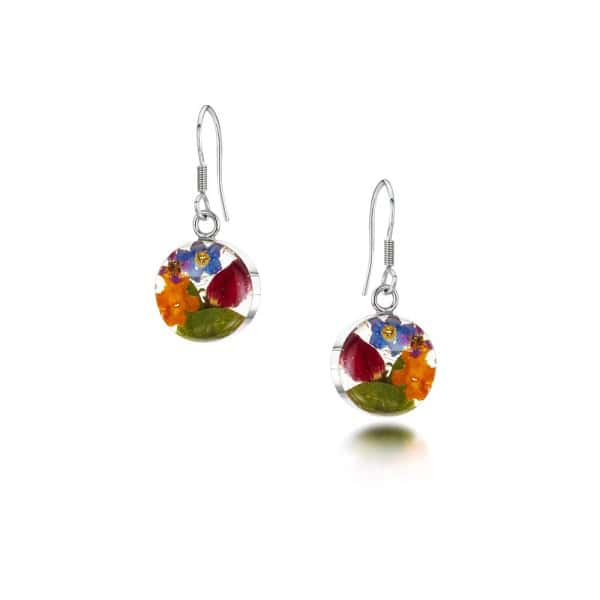 Mixed Flowers Silver Drop Earrings - Circle Design - Real Flowers - Irish Gifts