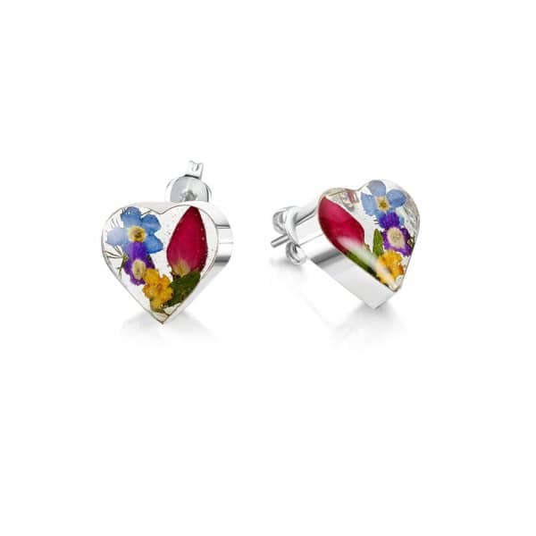 Mixed Flowers Silver Stud Earrings - Small Hearts - Real Flowers - Irish Gifts - Image 3