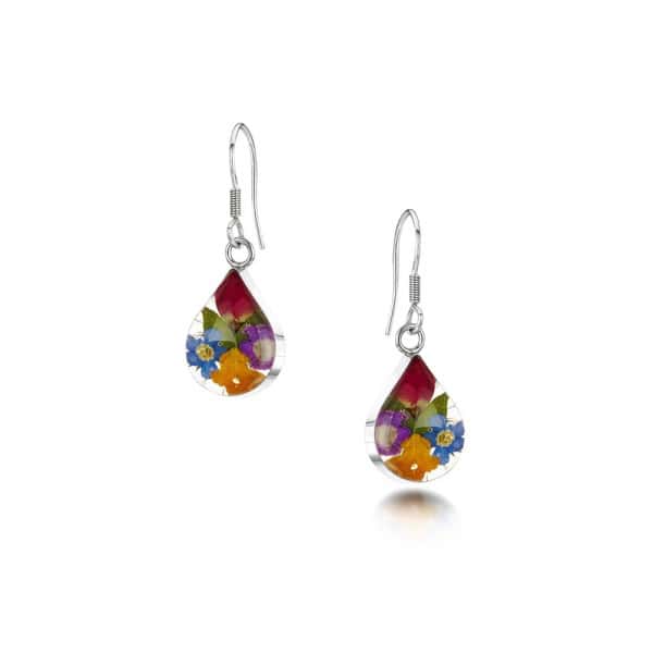 Mixed Flowers Silver Drop Earrings - Teardrops - Real Flowers - Irish Gifts
