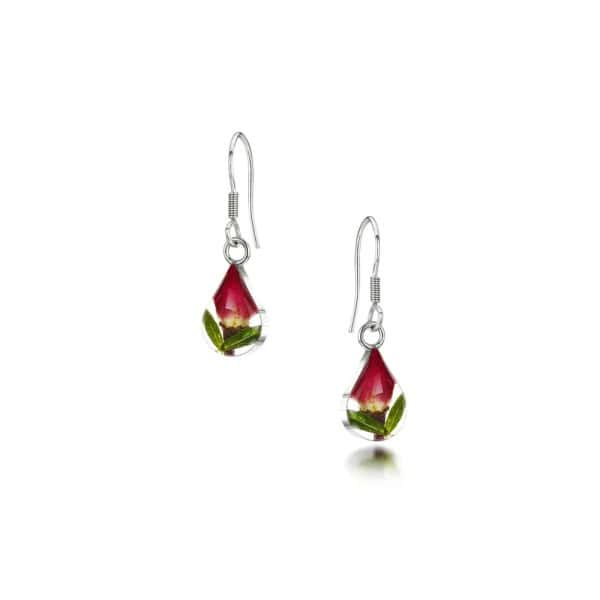 Red Rose Silver Drop Earrings - Teardrop Design - Real Flowers - Irish Gifts