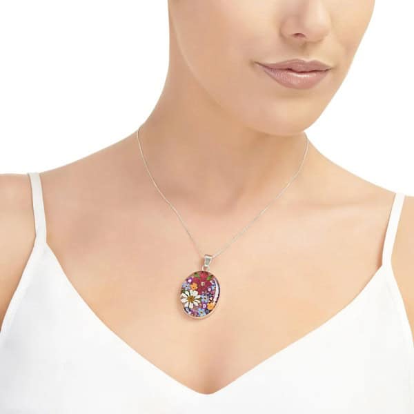 Mixed Flowers Silver Pendant - Large Oval - Real Flower - Irish Gifts - Image 1