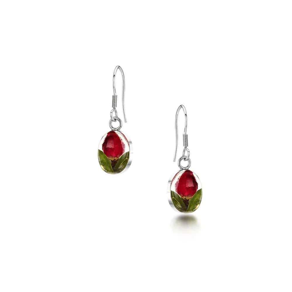 Red Rose Silver Drop Earrings – Oval Design - Irish Gifts