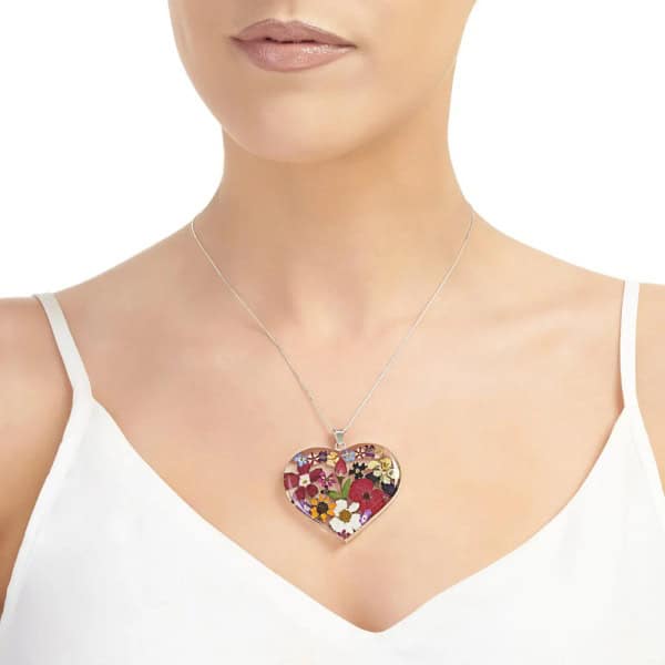 Mixed Flowers Silver Pendant - Large Heart - Real Flower - Irish Gifts - Image 1