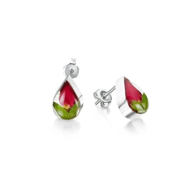 Red Rose Silver Stud Earrings - Teardrop Design - Real Flowers - Irish Gifts