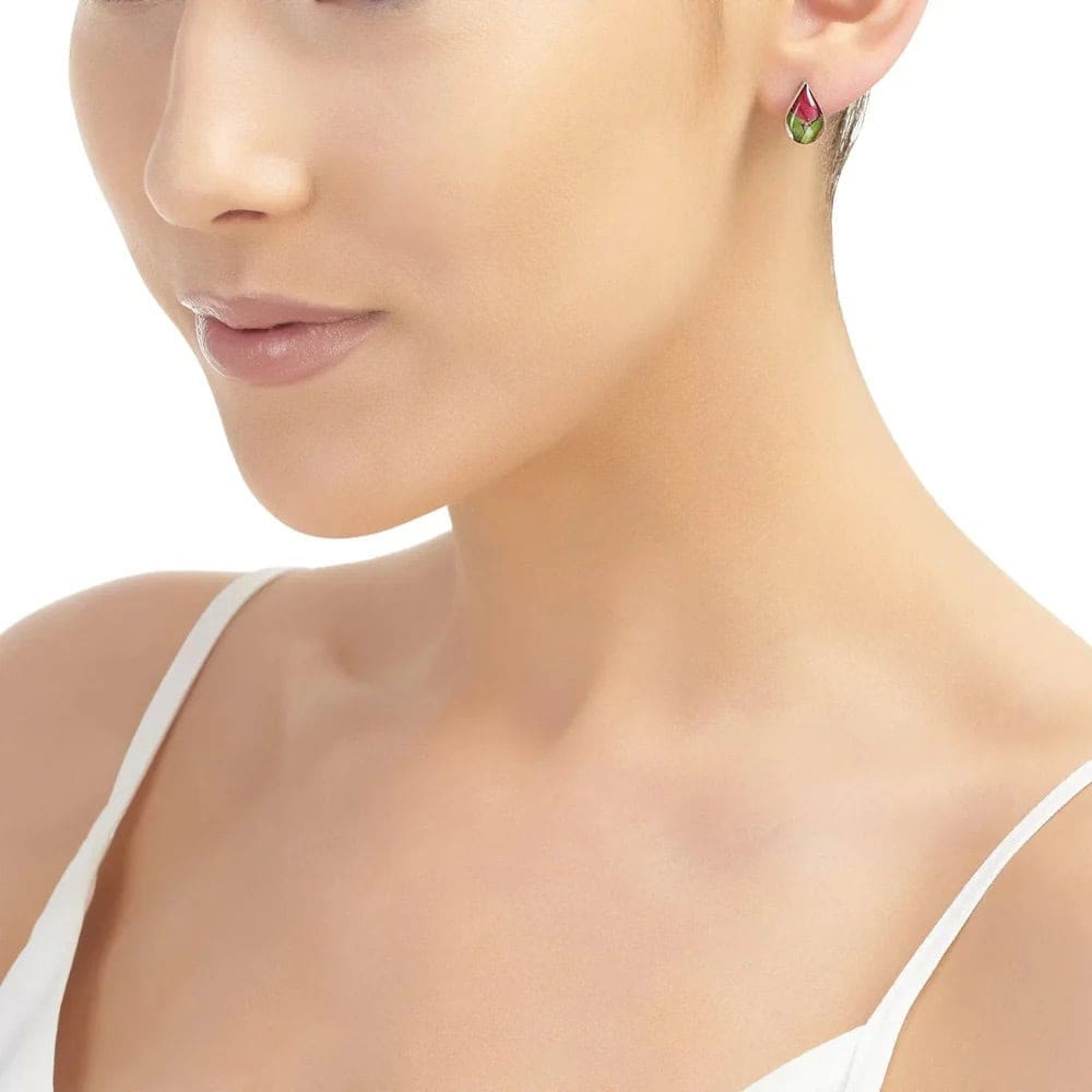 Red Rose Silver Stud Earrings – Teardrop Design - Irish Gifts - Image 1