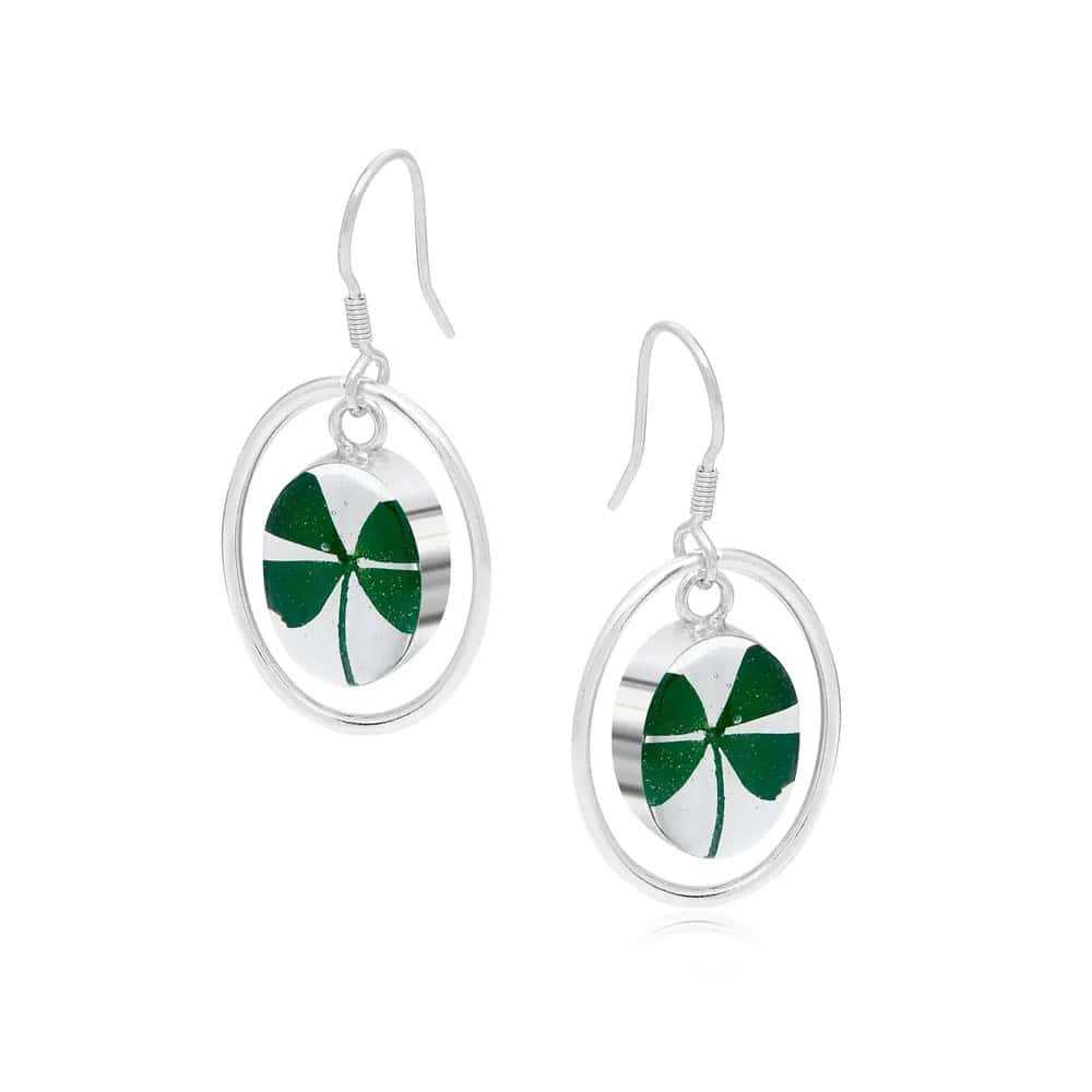 Four Leaf Clover Silver Drop Earrings – Oval Surround Design - Irish Gifts - Image 5