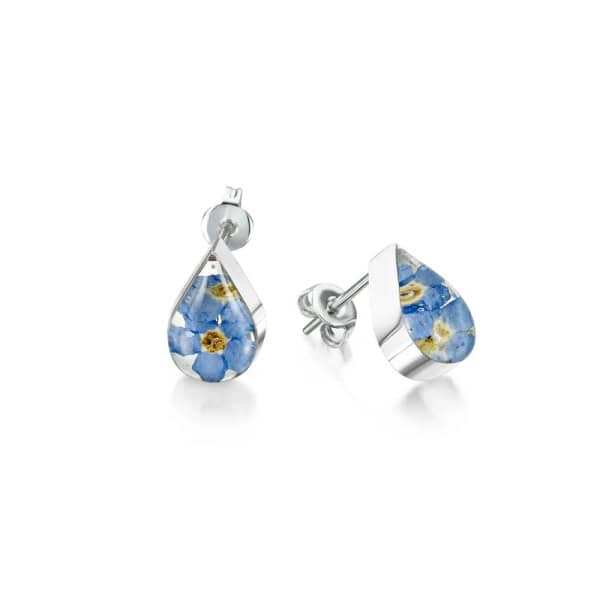 Real Flower Silver Stud Earrings - Forget-Me-Nots - Teardrop - Confirmation Gifts