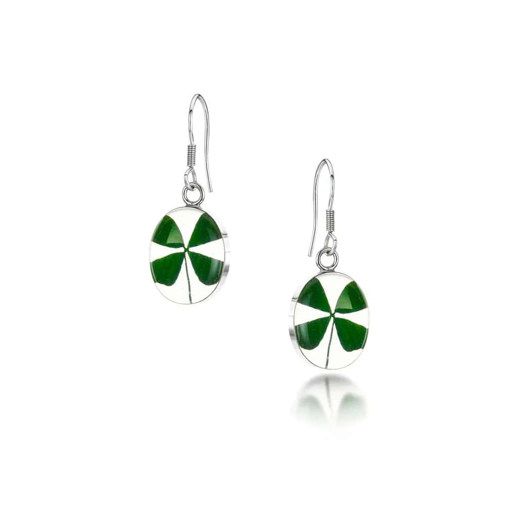 Four Leaf Clover Silver Drop Earrings – Oval Design - Irish Gifts