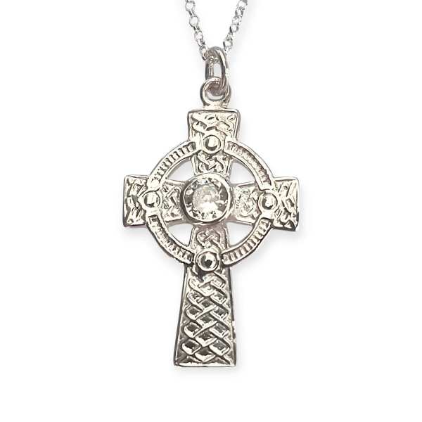 Sterling Silver Celtic Cross with White CZ Stone – 18” Chain - Irish Gifts