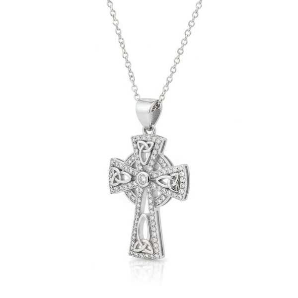 Sterling Silver Celtic Cross with Engraved Trinity Knots White CZ - Irish Gifts