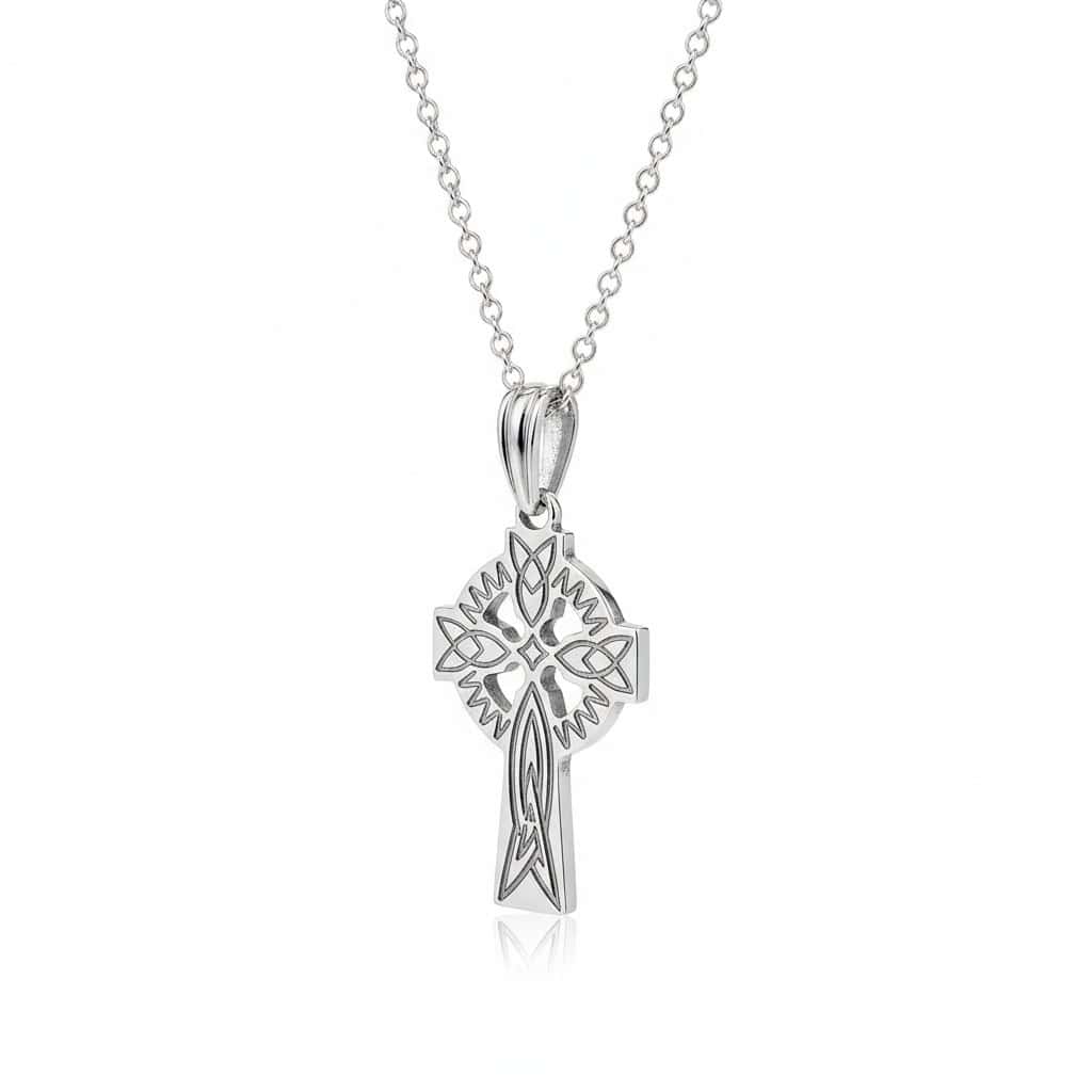 Sterling Silver Small Celtic Cross with Etched Knots – 18” Chain - Irish Gifts