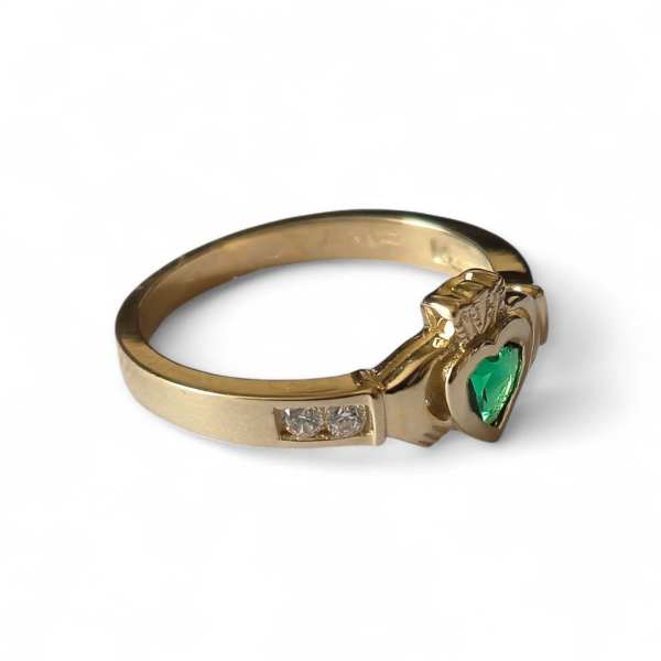 9ct Gold Small Claddagh Ring with Green CZ Heart - Irish Jewellery - Image 1