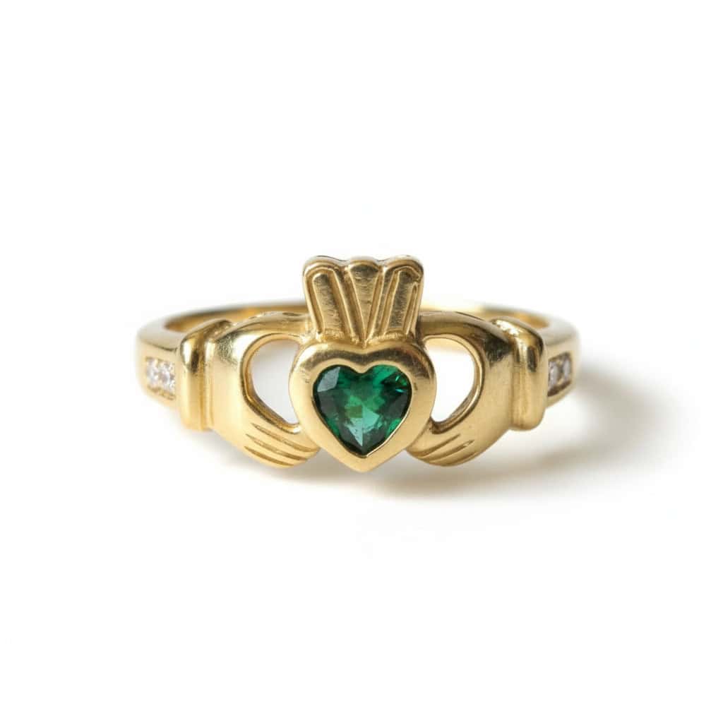 9ct Gold Claddagh Ring with Green CZ Heart and White CZ Accents - Irish Jewellery