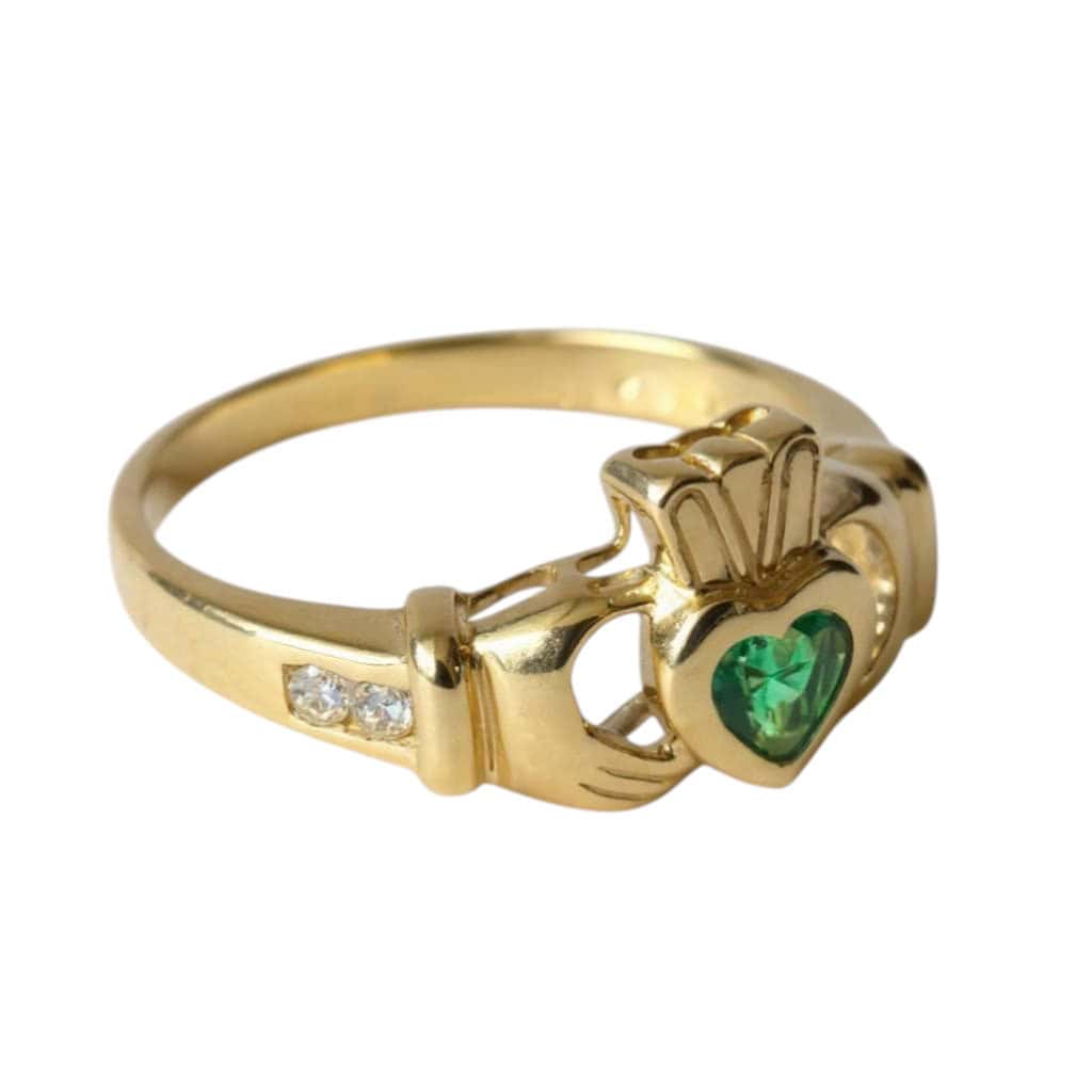 9ct Gold Claddagh Ring with Green CZ Heart and White CZ Accents - Irish Jewellery - Image 7