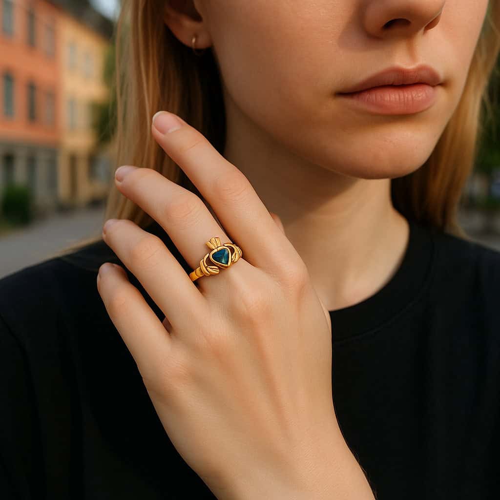 9ct Gold Claddagh Ring with Green CZ Heart and White CZ Accents - Irish Jewellery - Image 2