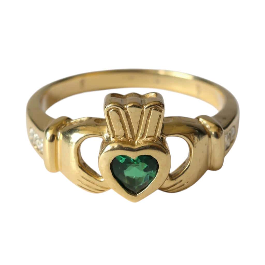 9ct Gold Claddagh Ring with Green CZ Heart and White CZ Accents - Irish Jewellery - Image 1