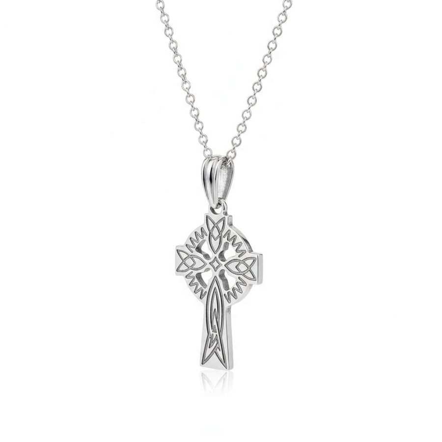 Sterling Silver Small Celtic Cross with Etched Knots – 18” Chain - Irish Gifts