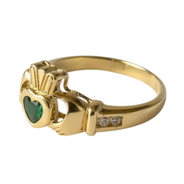 Gold Claddagh Ring - 9 Carat with Green and White CZ - Irish Jewellery