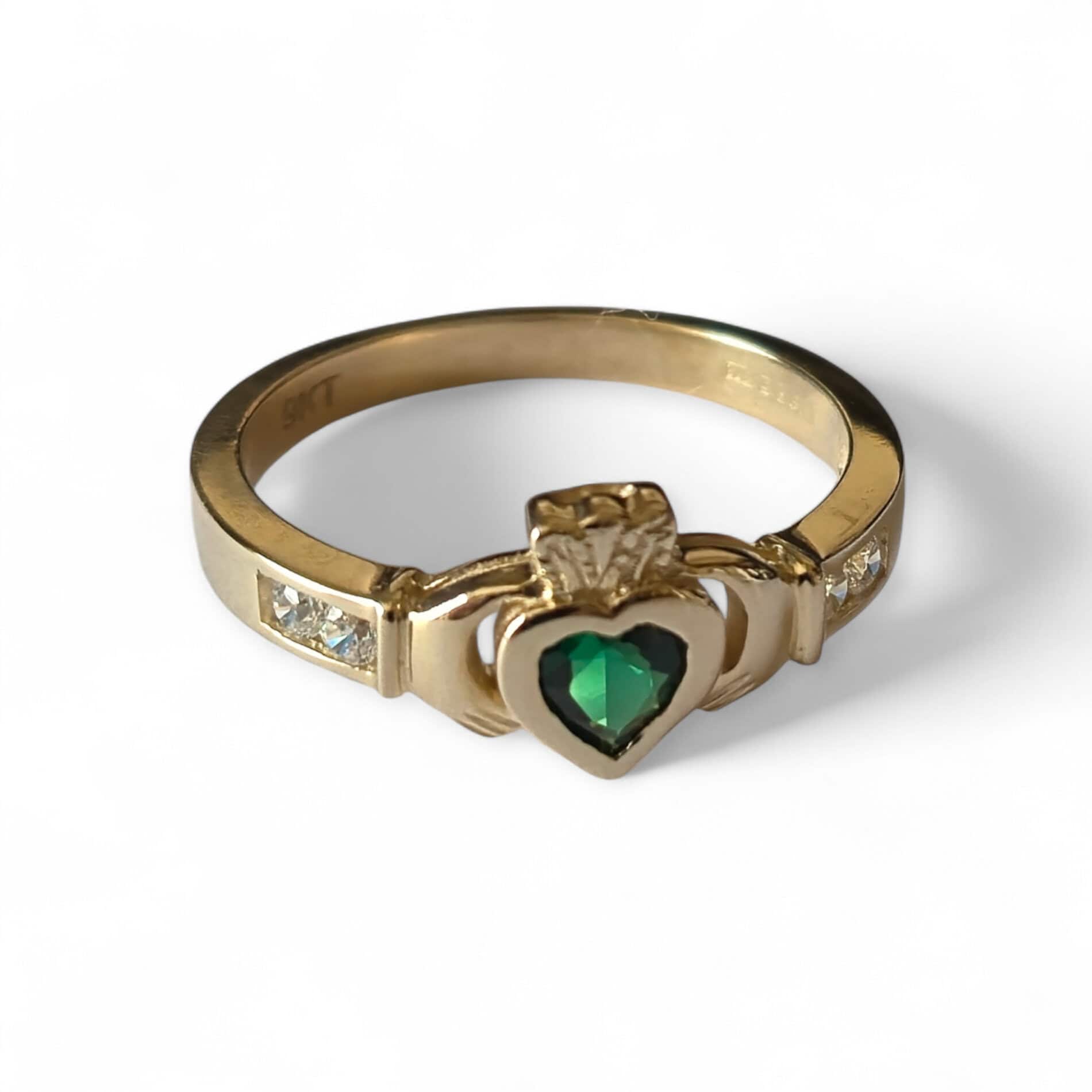 9ct Gold Small Claddagh Ring with Green CZ Heart - Irish Jewellery - Image 6