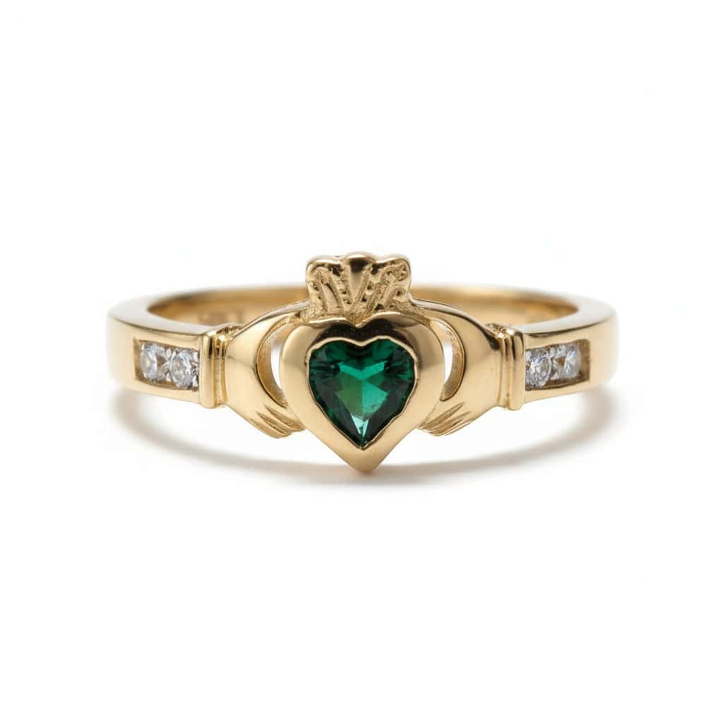 9ct Gold Small Claddagh Ring with Green CZ Heart - Irish Jewellery