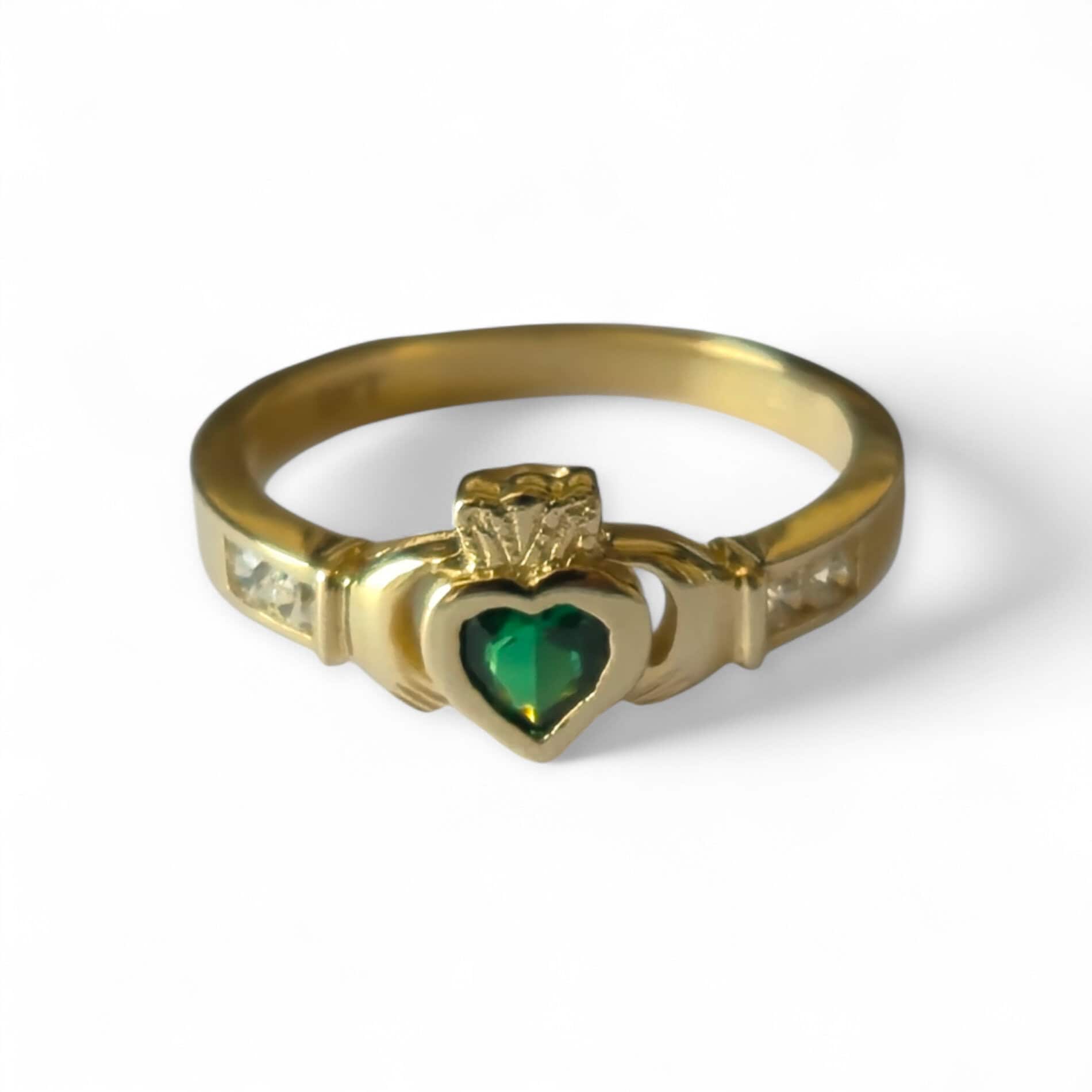 9ct Gold Small Claddagh Ring with Green CZ Heart - Irish Jewellery - Image 8