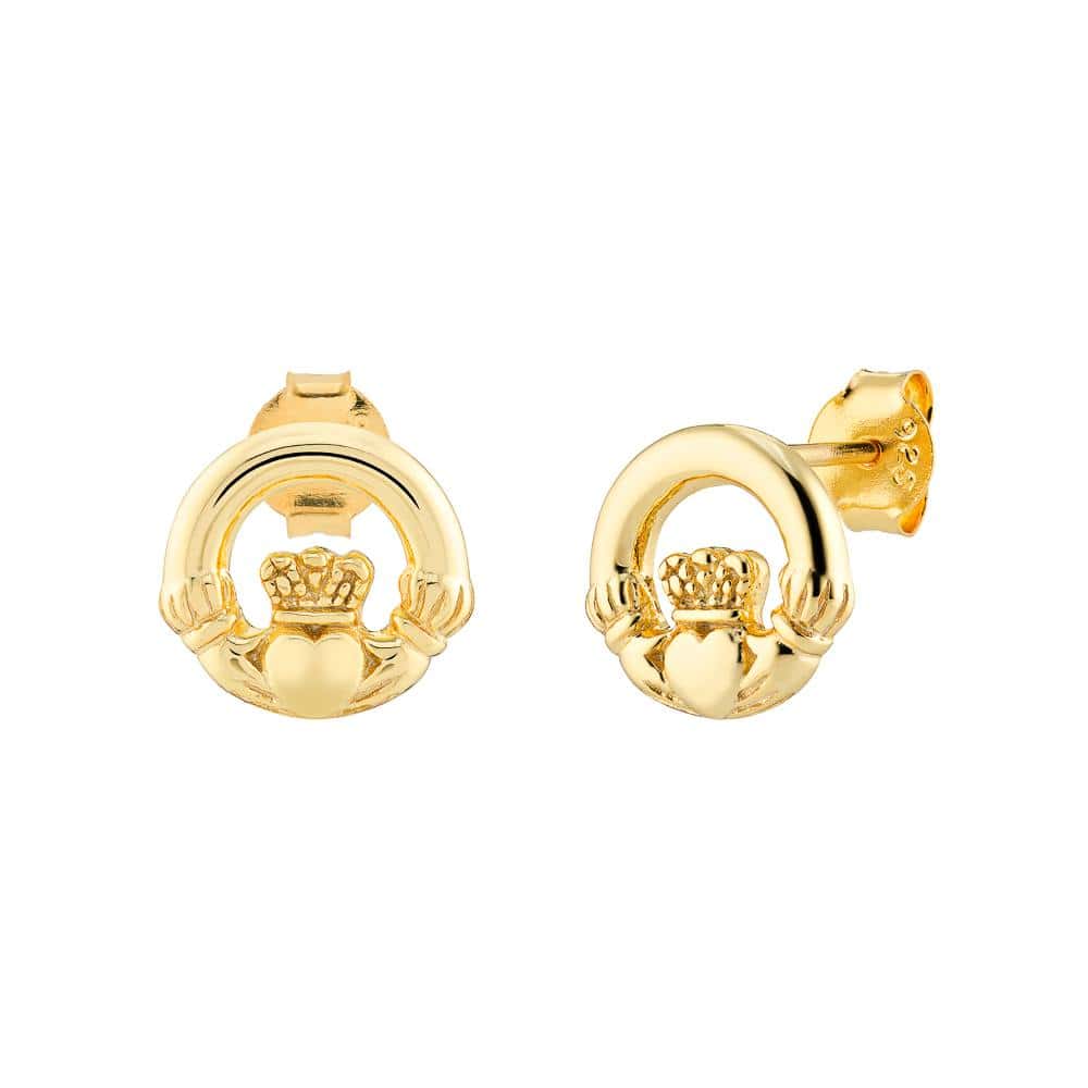 Gold-Plated Sterling Silver Claddagh Stud Earrings – 10 mm - Irish Gifts