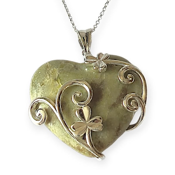 Large Shamrock Pendant in Sterling Silver Connemara Marble Heart - Connemara Marble