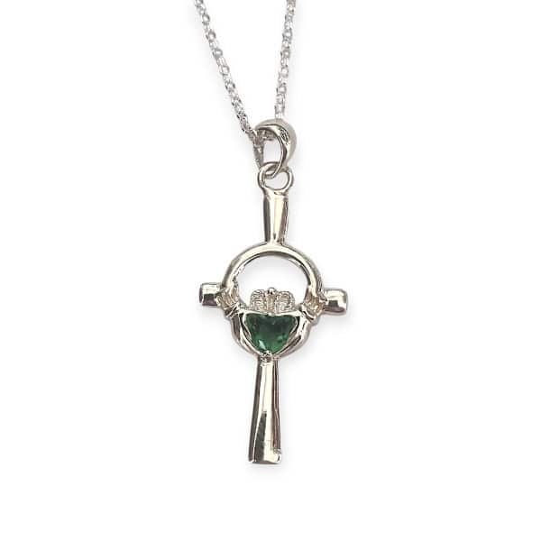 Silver Celtic Cross with Green Claddagh Centre - Irish Gifts