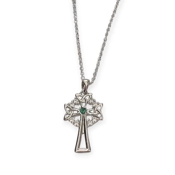 Silver Celtic Cross with Trinity Green and White Stones - Irish Gifts