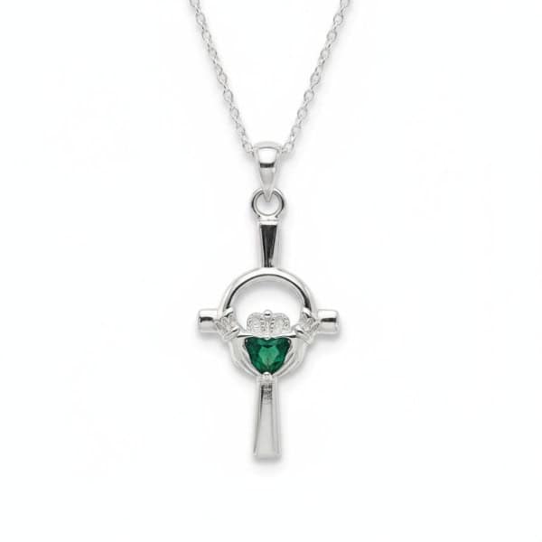 Sterling Silver Celtic Cross with Claddagh and Green Heart - Irish Gifts