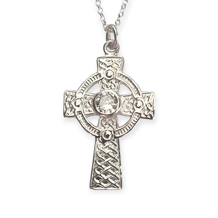 Sterling Silver Celtic Cross with White CZ Stone – 18” Chain - Irish Gifts