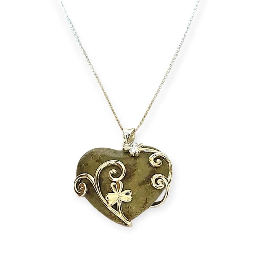 Large Shamrock Pendant in Sterling Silver Connemara Marble Heart - Connemara Marble - Image 2