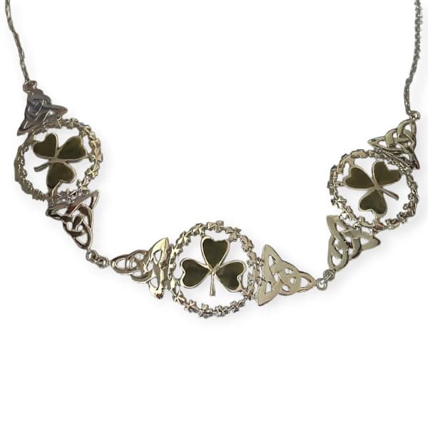 Connemara Marble Sterling Silver Triple Shamrock Necklet - Connemara Marble