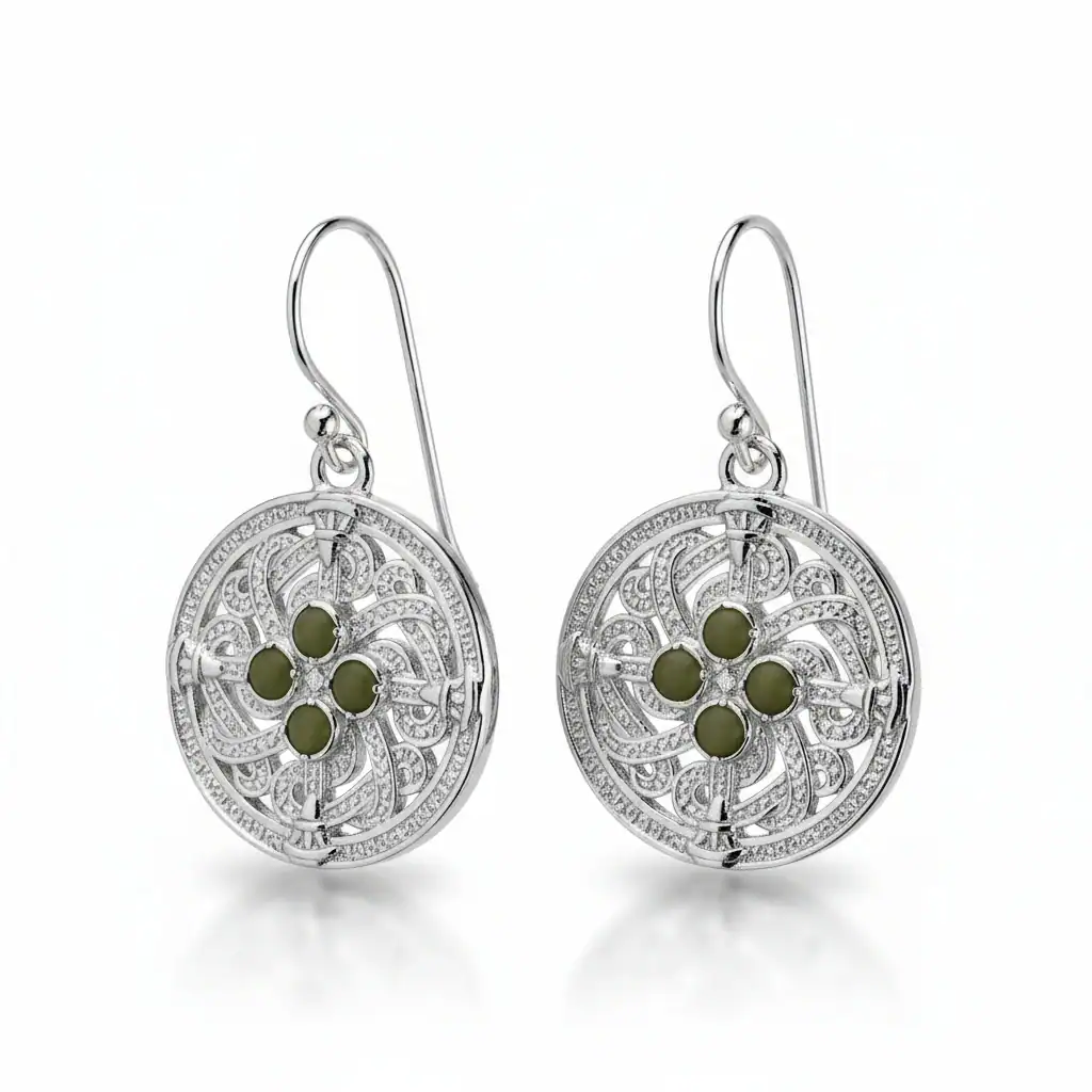 Silver-Plated Connemara Marble Round Drop Earrings - Connemara Marble