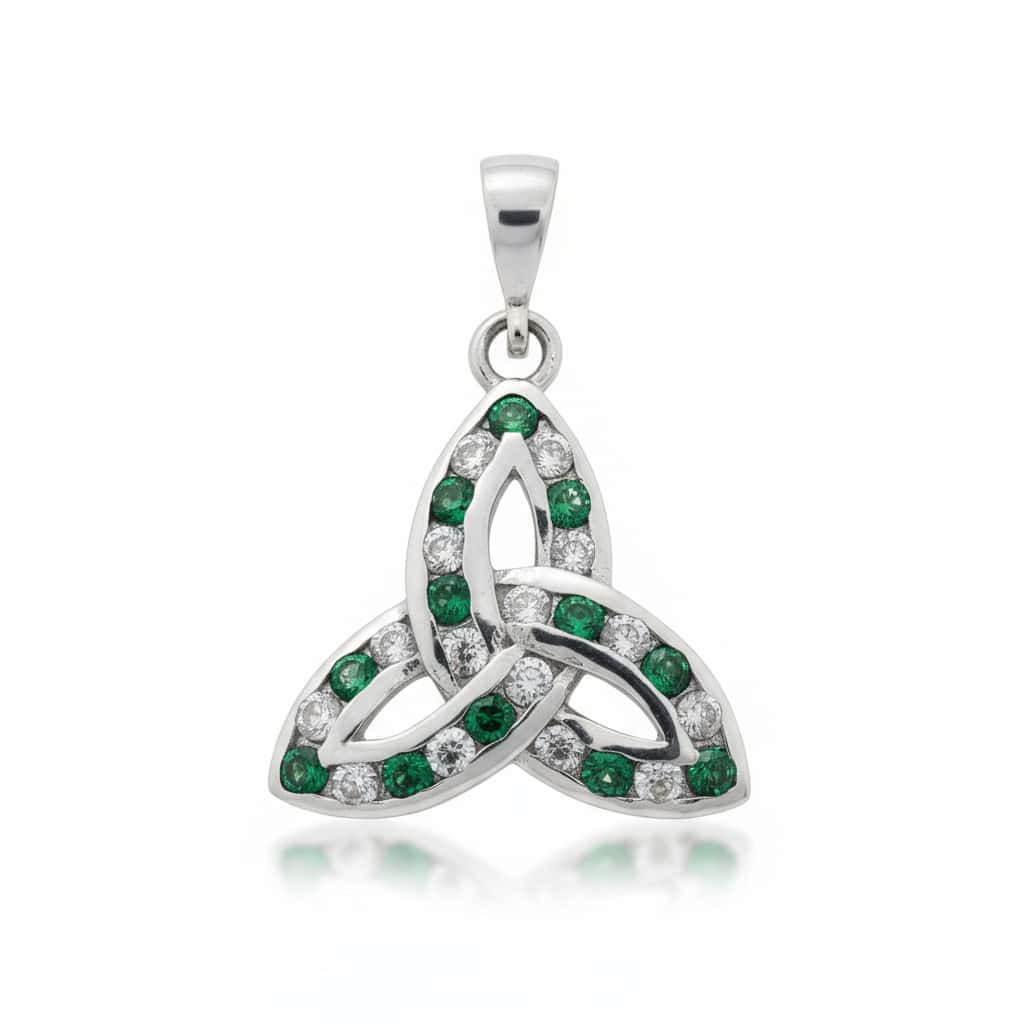 Sterling Silver Celtic Trinity Knot Pendant with Green & White Stones - Confirmation Gifts